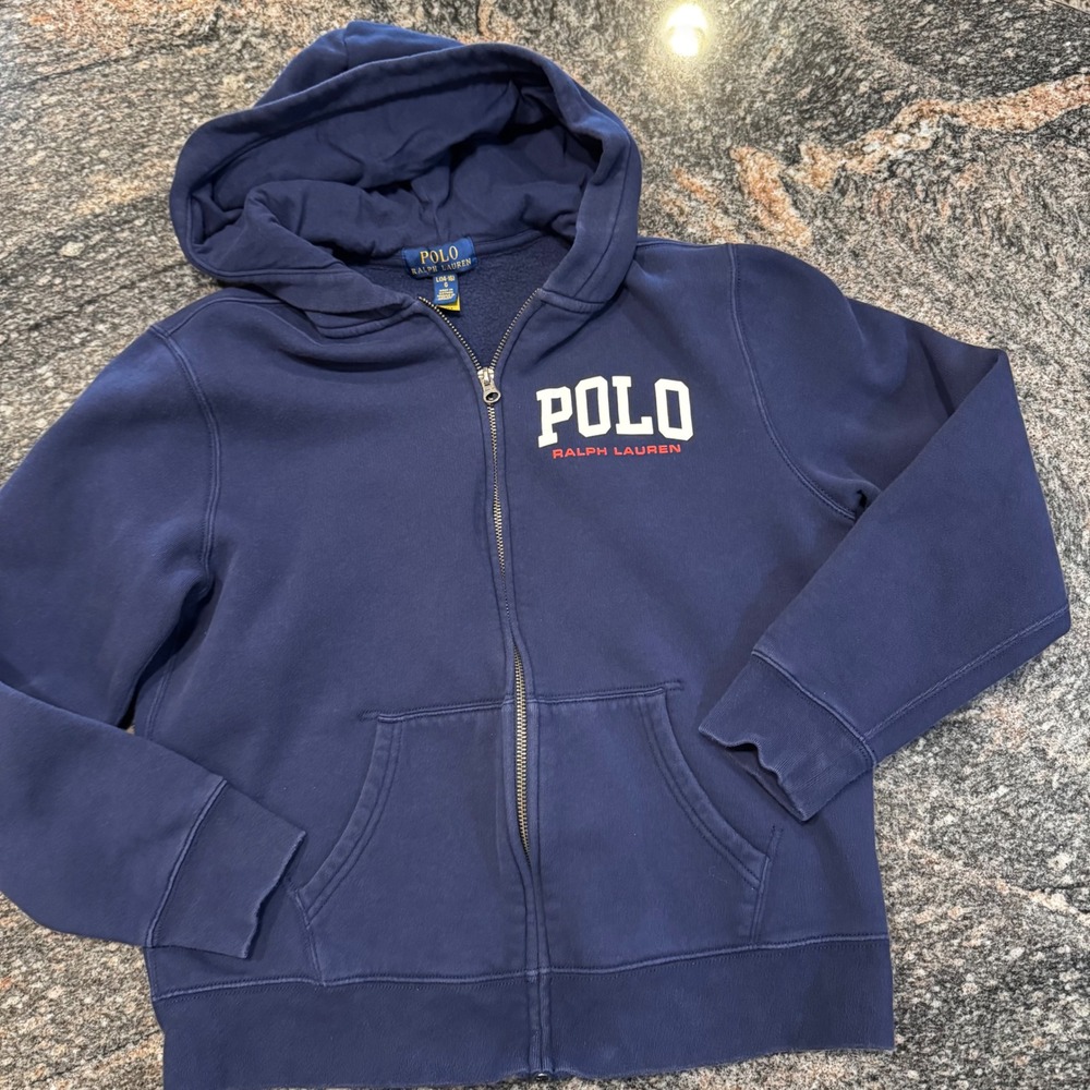 Polo Ralph Lauren Hoodie Kids L 14-16 Navy Blue Full Zip Logo Fleece Sporty
